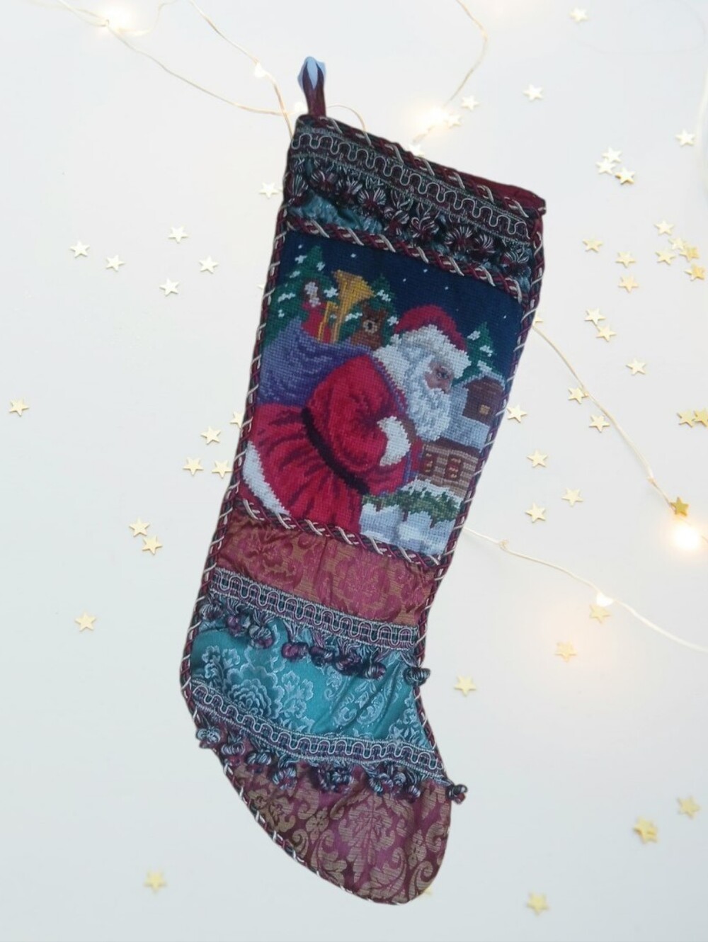 Vintage Handcrafted Santa Claus Stocking | Needlepoint